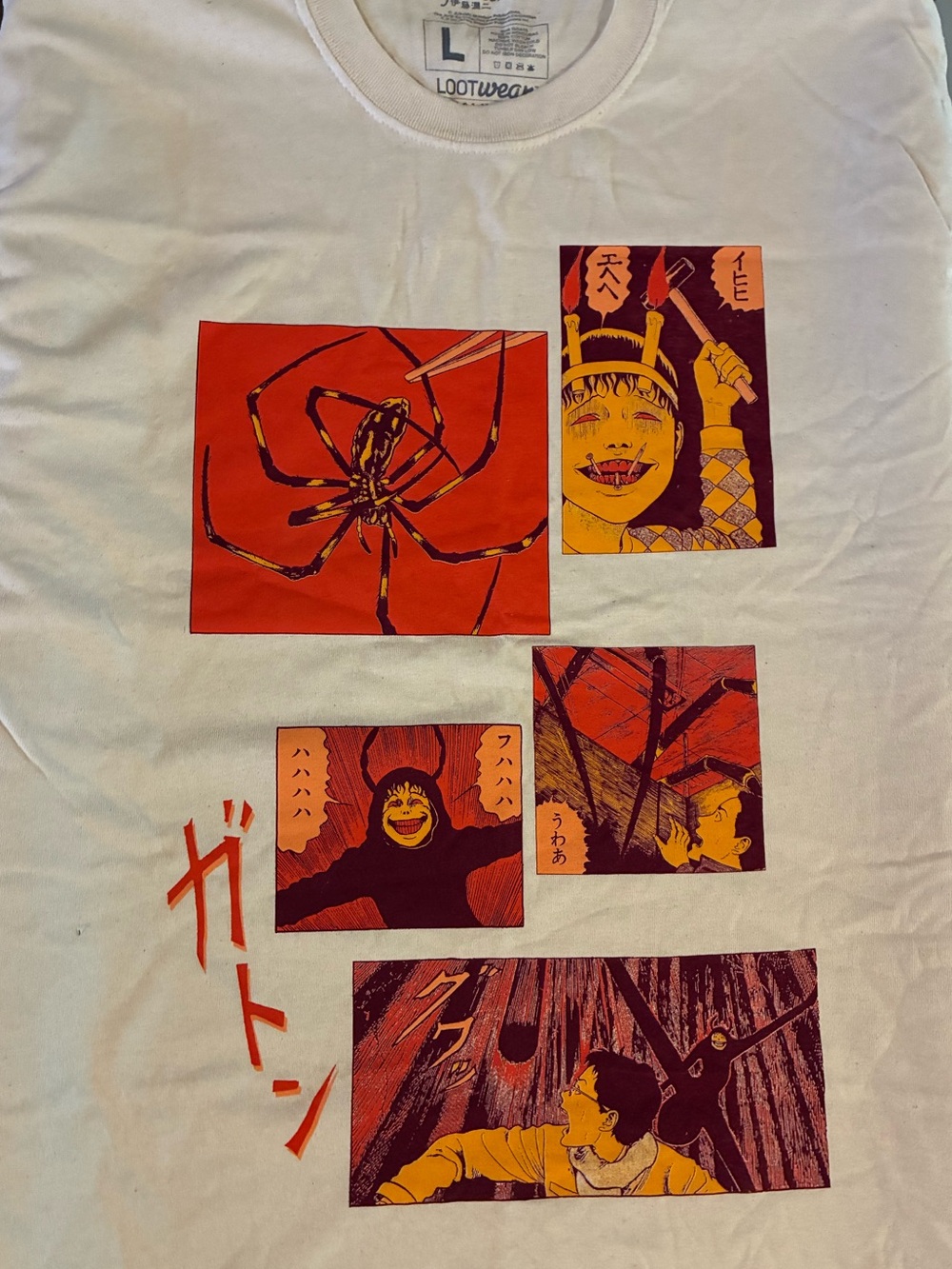 White Home Art Print Tee with Red & Yellow Comic Panels NWOT